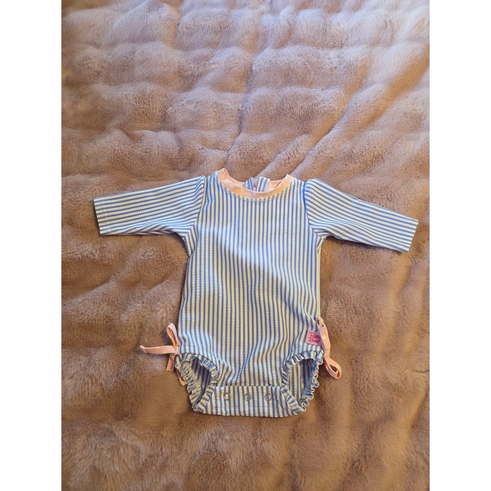 Rufflebutts Girls Blue Striped Long Sleeve One-Piece Swimsuit 0-3